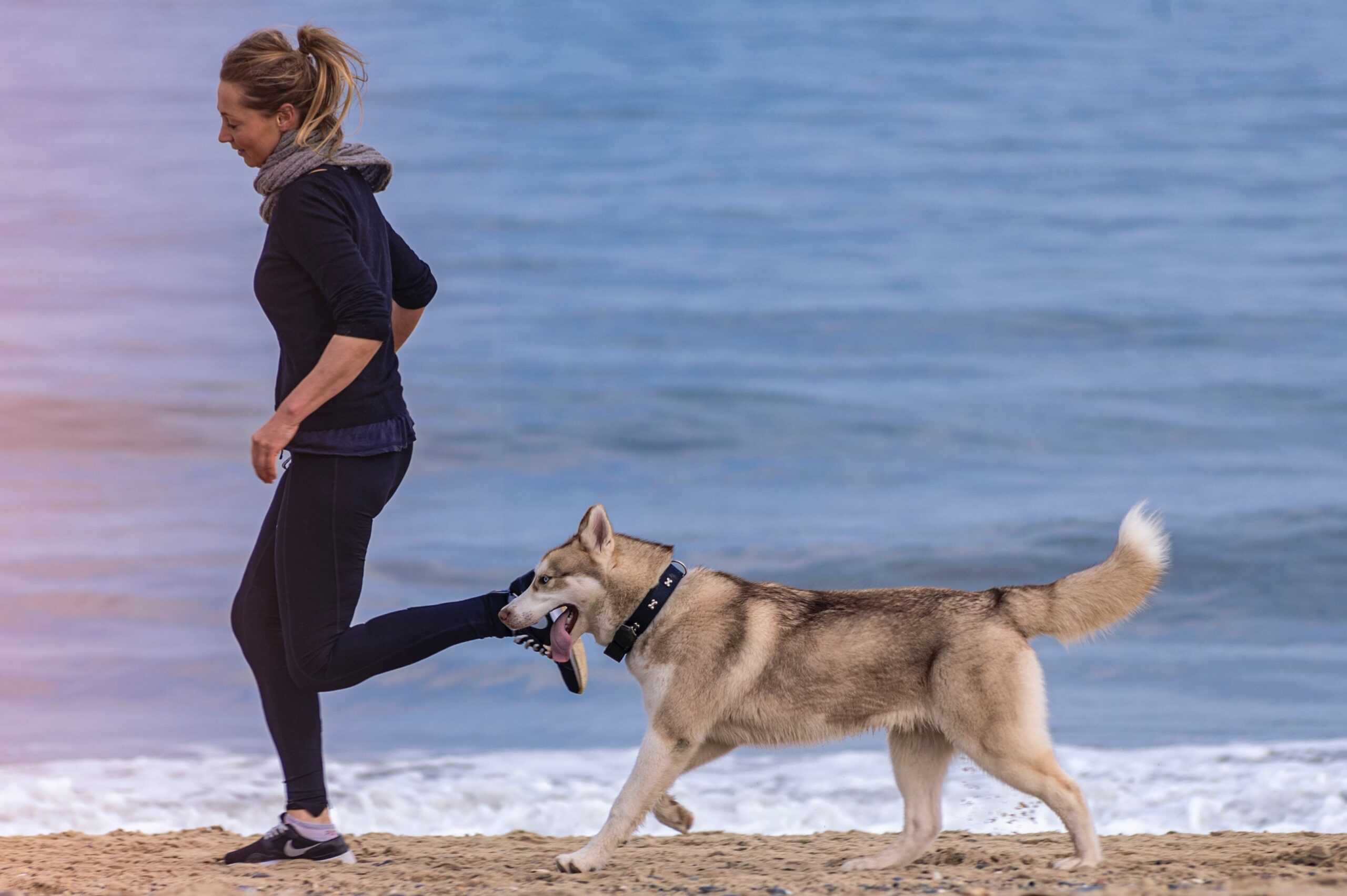 En kvinna joggar på stranden med sin hund