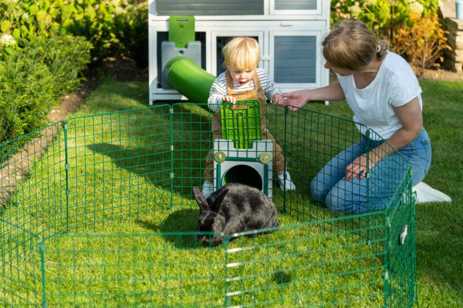 Kaninägare och barn med deras kanin som använder Omlet Zippi tunnelsystem för kaniner  
