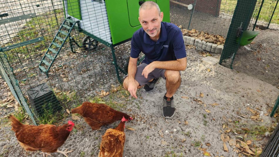 Hönsskötaren Jeremy Gary med sin flock