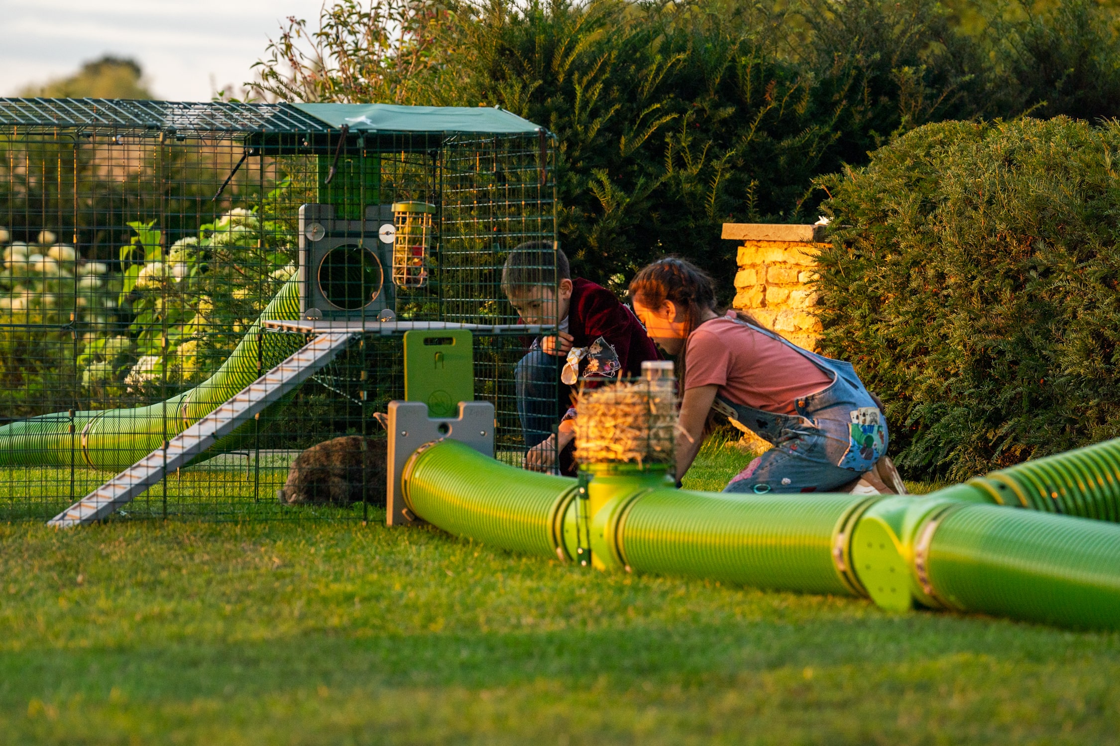 zippi tunnelsystem och kaningård med barn som leker